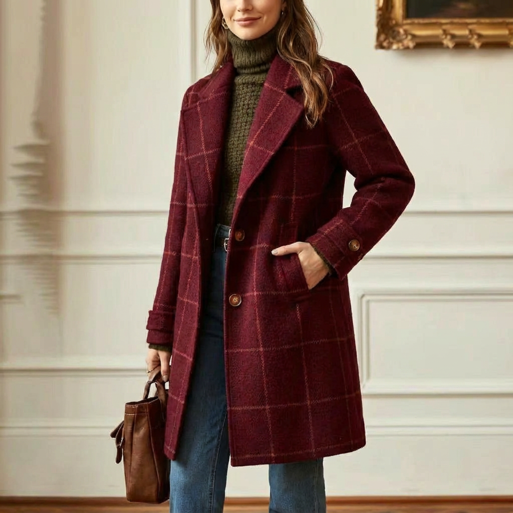 Cambridge Wool Check Coat Burgundy