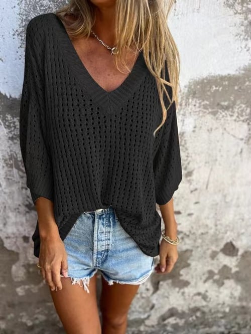 SUE - VENTED V-NECK KNIT BLOUSE