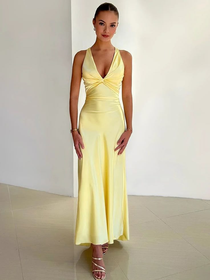 Rosalyn - V-Neck Satin Bow Backless Maxi Dress