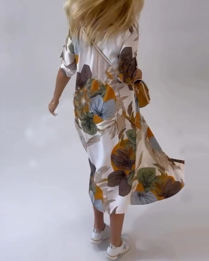 JOPLIN - LEAF PRINT CASUAL DRESS WITH LAPEL COLLAR