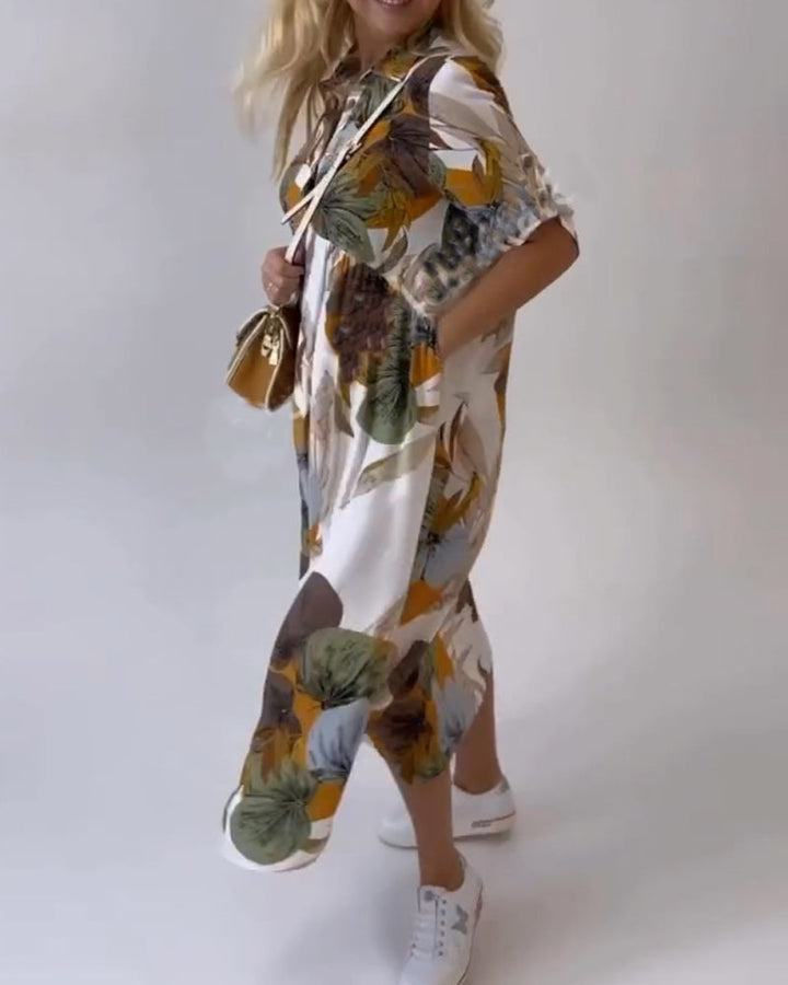 JOPLIN - LEAF PRINT CASUAL DRESS WITH LAPEL COLLAR