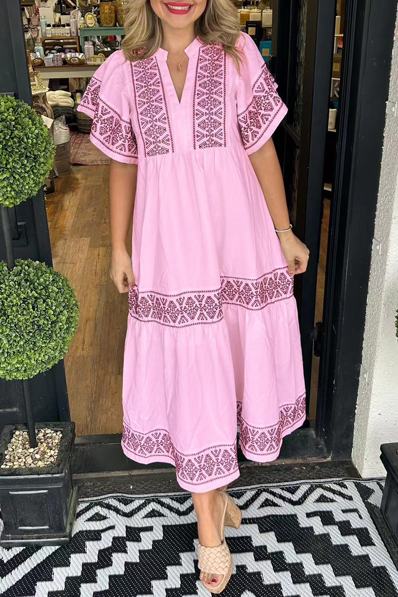 ESTELLA - GEOMETRIC PATCHWORK V-NECK A-LINE DRESS