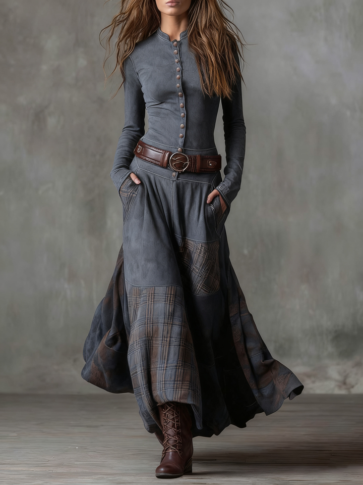 Avery | Plaid Paneled Vintage Suede Maxi Dress(with belt)