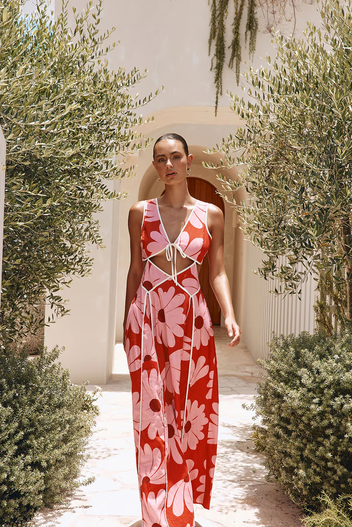 Rachel - Red daisy print vacation Maxi Dress