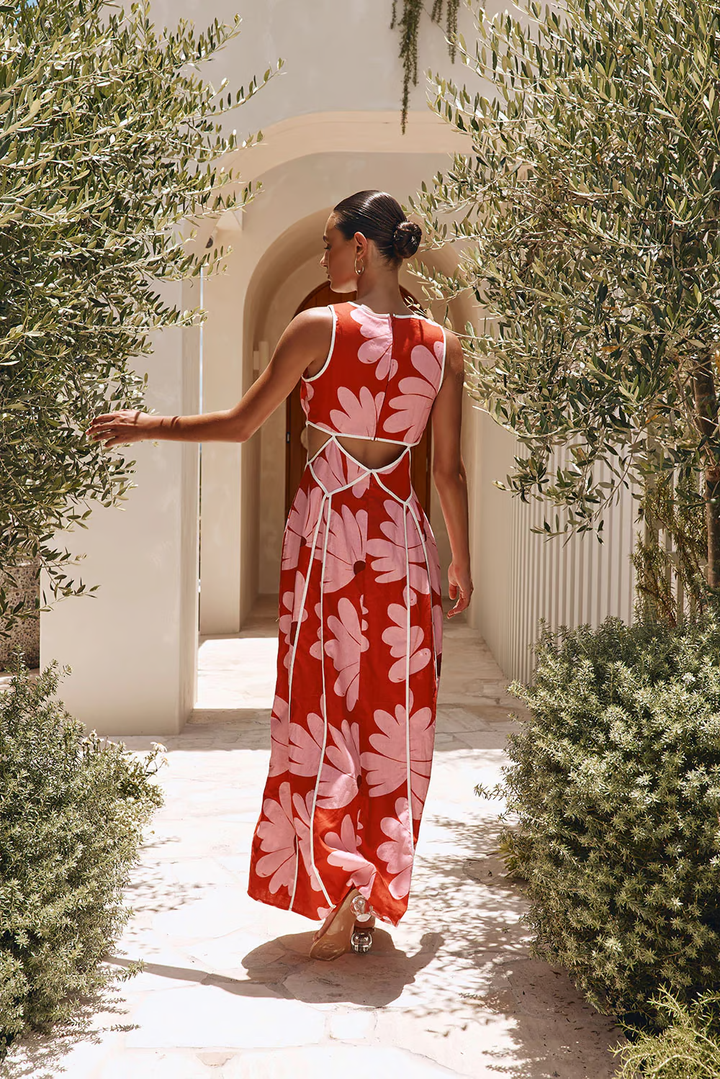 Rachel - Red daisy print vacation Maxi Dress