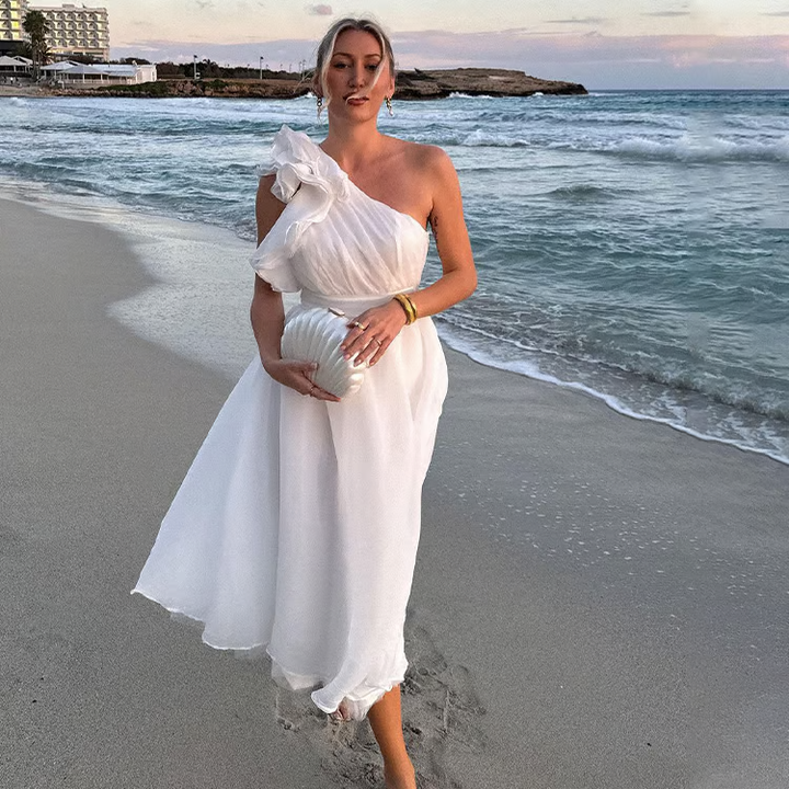 Jelly - Oblique Shoulder Ruffle Maxi Dress