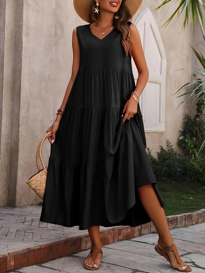 Ramona - Loose Casual Sleeveless V Neck Ruffle Hem Dress for Spring & Summer