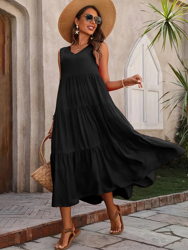 Ramona - Loose Casual Sleeveless V Neck Ruffle Hem Dress for Spring & Summer