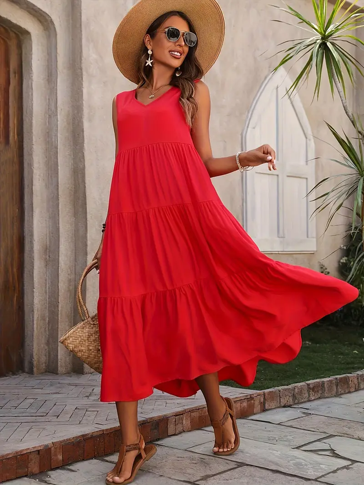 Ramona - Loose Casual Sleeveless V Neck Ruffle Hem Dress for Spring & Summer