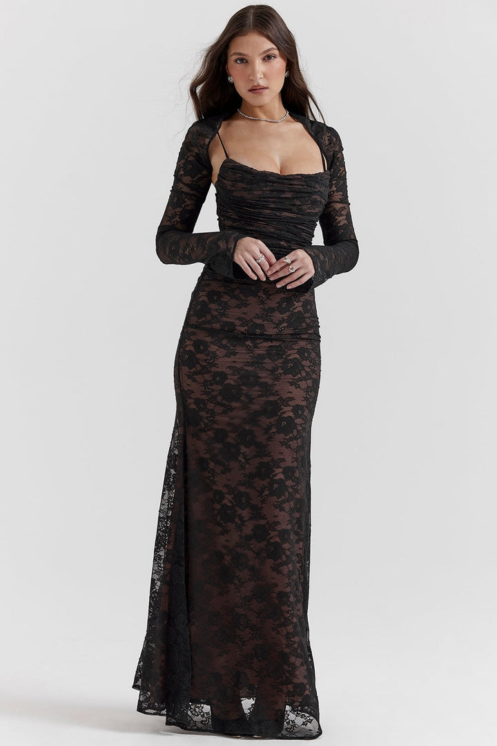 BREY - PLEATED DOTTED LACE GOWN